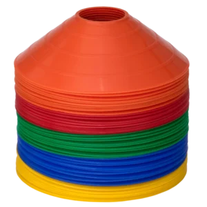 Stack of colourful plastic sports training marker cones