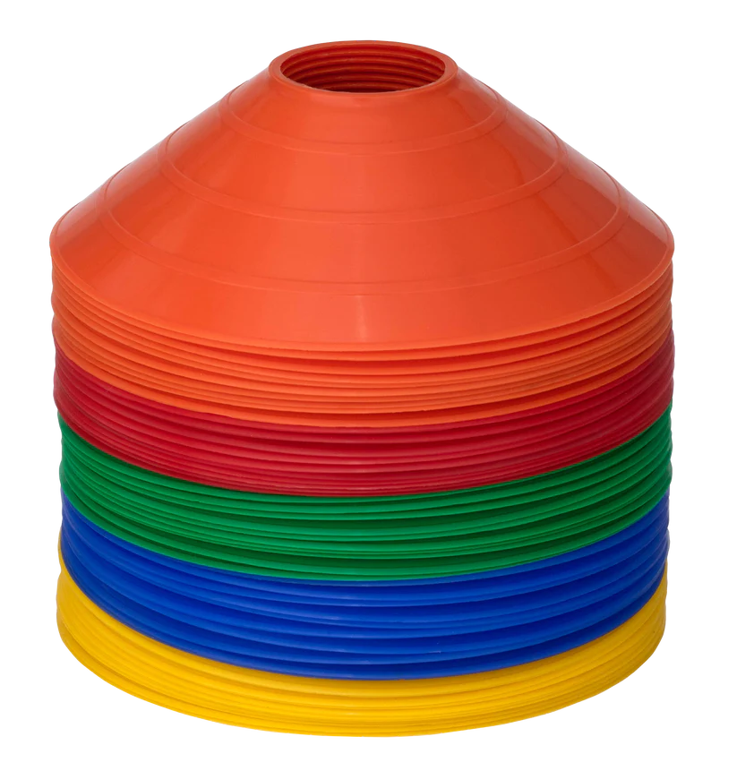 Stack of colourful plastic sports training marker cones
