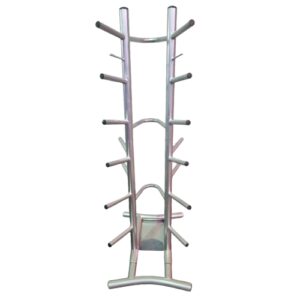 Silver metal vertical medicine ball or dumbbell storage rack
