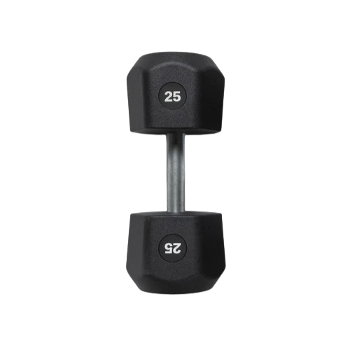 Black 25kg hex dumbbell on white background