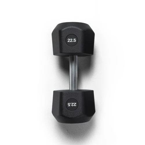 Black 22.5 pound hex dumbbell on white background
