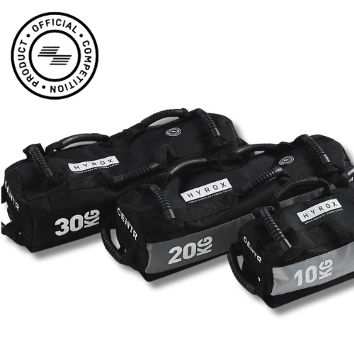 Three Hyrox Centr sandbags in 10kg, 20kg, and 30kg