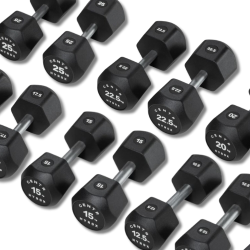 Multiple black hex dumbbells in various weights arranged diagonally