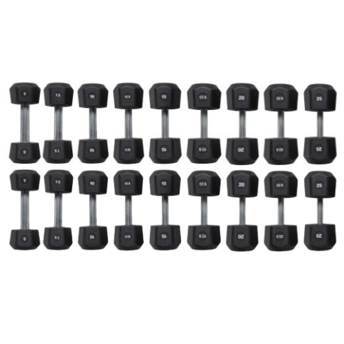 Set of black rubber dumbbells ranging from 5 to 25 pounds