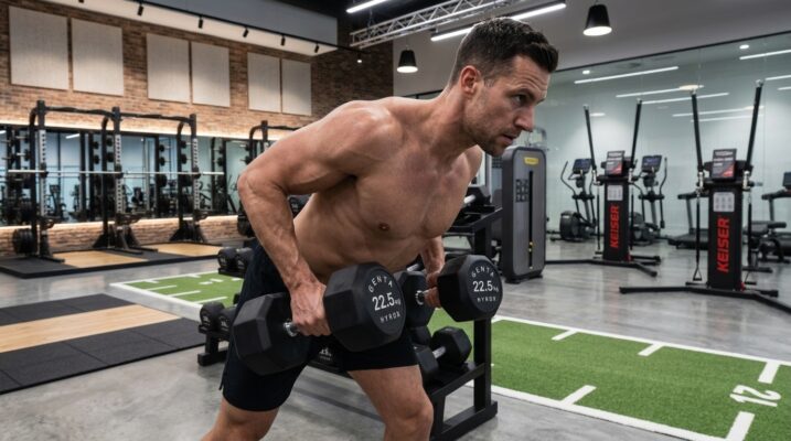 centr x hyrox | urethane dumbbells (pair) | hyrox Muscular man performing dumbbell rows in modern gym