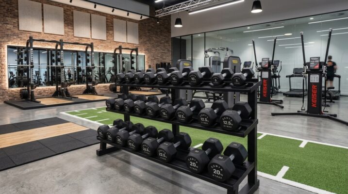 centr x hyrox | urethane dumbbells (pair) | hyrox Modern gym with dumbbell rack and Keiser cardio equipment