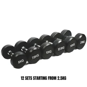 Set of black rubber dumbbells ranging from 5KG to 20KG