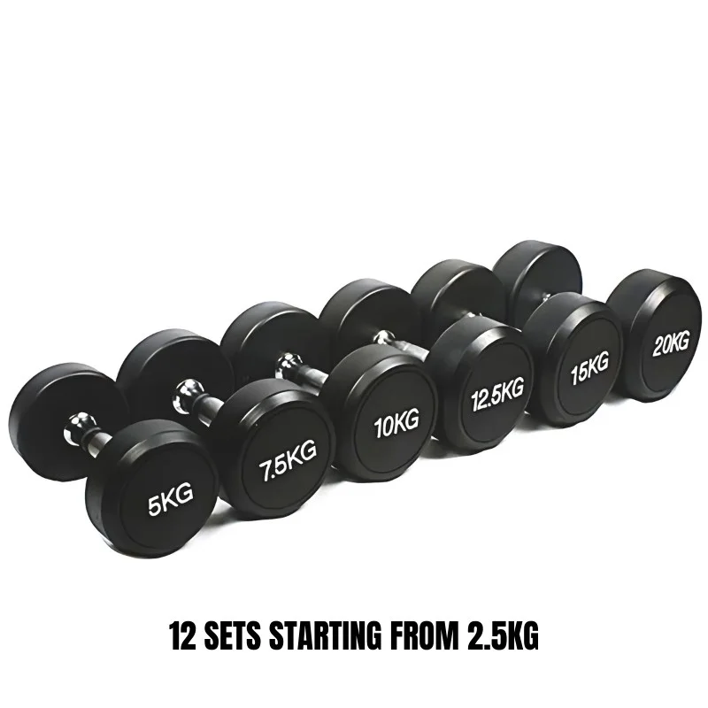 Set of black rubber dumbbells ranging from 5KG to 20KG