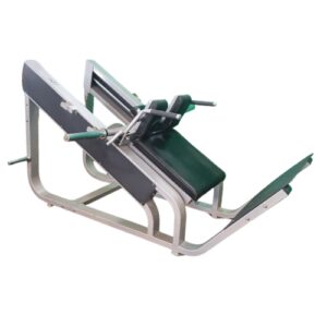 Green and silver leg press gym machine on white background