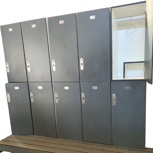 Row of grey lockers with one open door