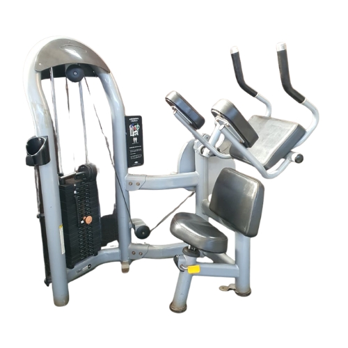 Commercial abdominal crunch gym machine in silver and grey