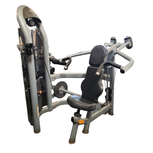 Commercial chest press gym machine with grey and black padding