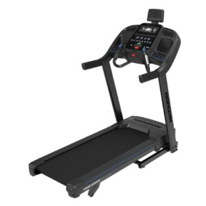 Horizon Fitness black treadmill with digital console and handlebars