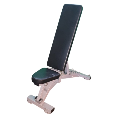 Adjustable weight training bench with black padded seat