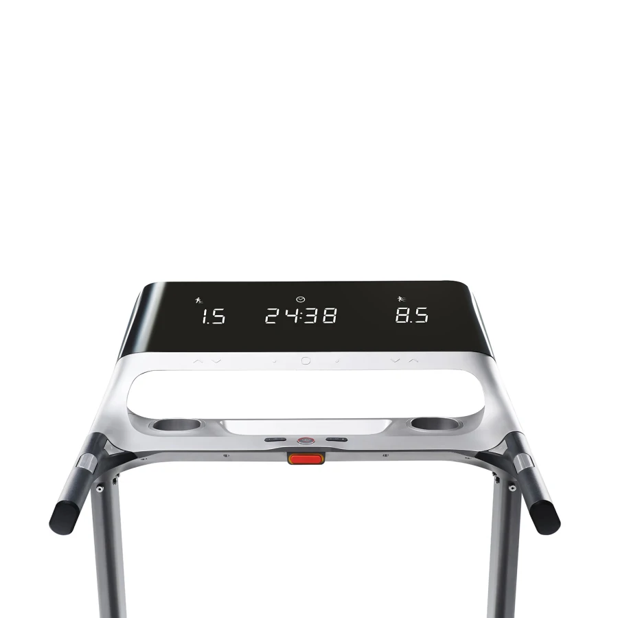 Modern treadmill console displaying speed, time, and distance metrics