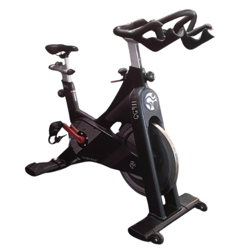 Black commercial indoor spinning bike with flywheel