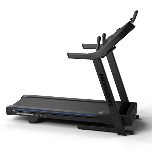 Horizon branded black treadmill with blue accents on white background