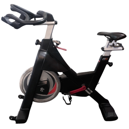 Black commercial indoor cycling spin bike with red accents
