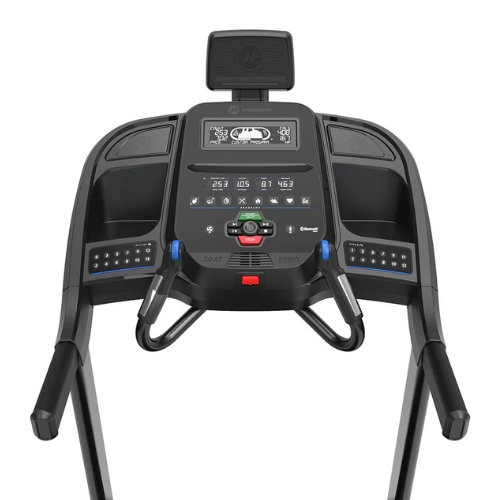 Modern treadmill console with digital display and handlebars
