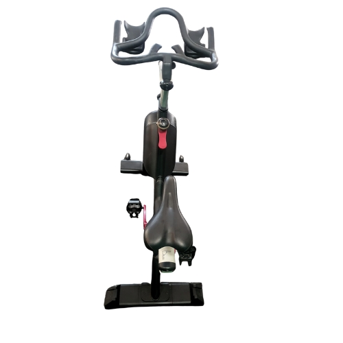 Black indoor spinning exercise bike on white background