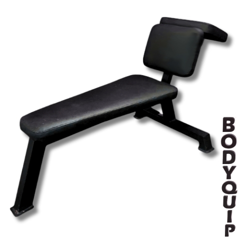 Black Bodyquip flat weight training bench with backrest