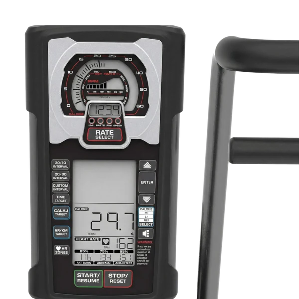 Exercise bike digital console displaying RPM, calories, and heart rate