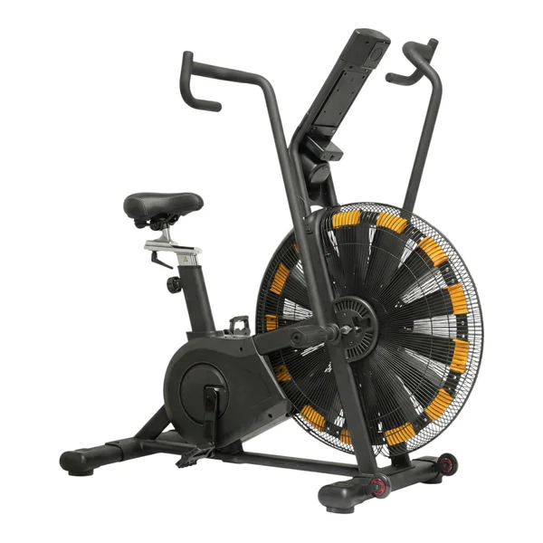 Black and gold air resistance exercise bike on white background