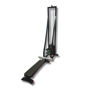 Black commercial rowing machine with tall vertical frame