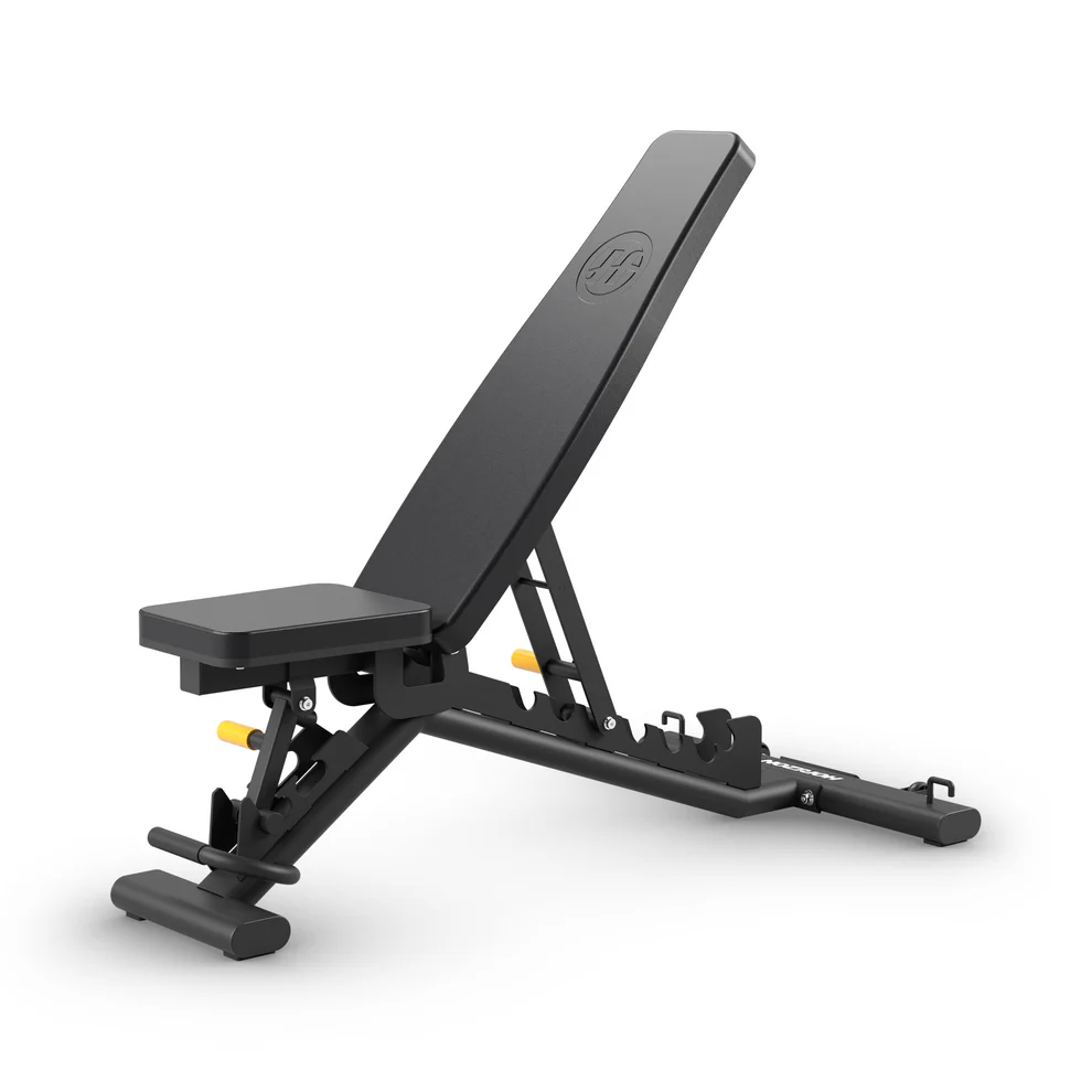 Black adjustable weight training bench with yellow accents