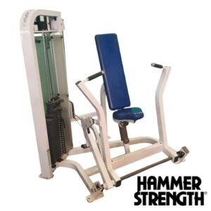 Hammer Strength white and blue chest press gym machine