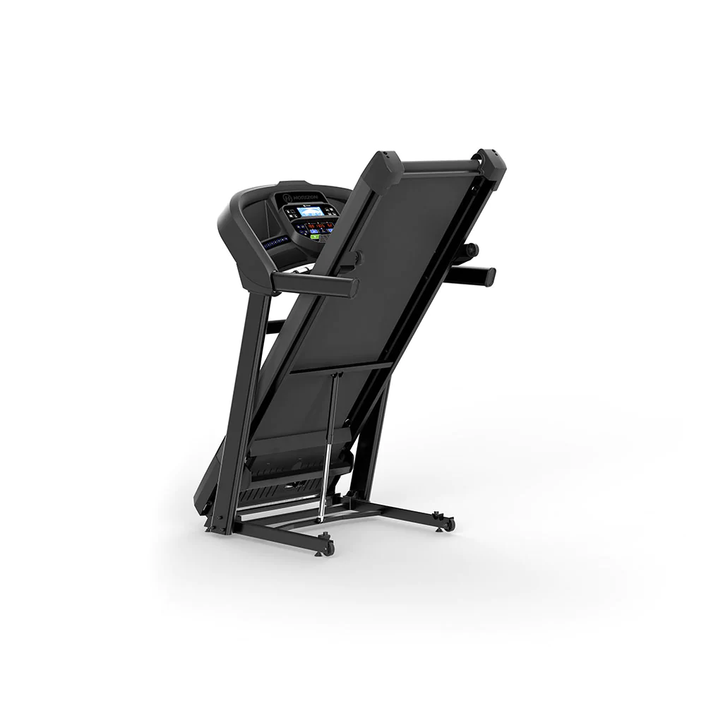 Horizon folding treadmill in upright folded position
