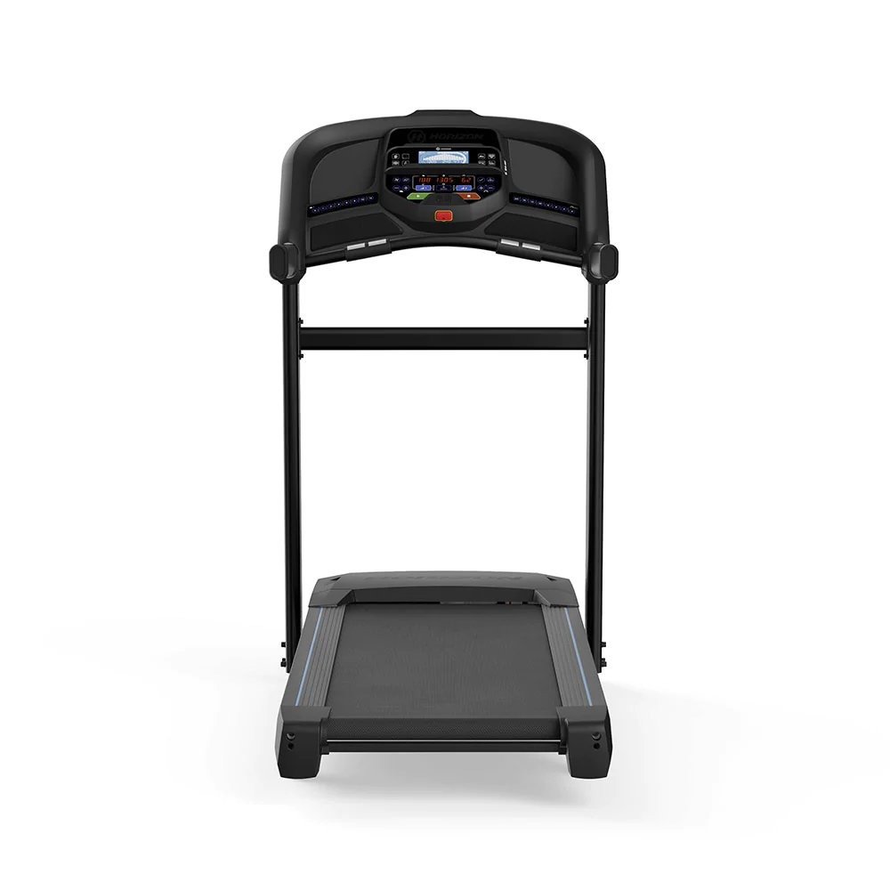 Black motorised treadmill with digital console front view