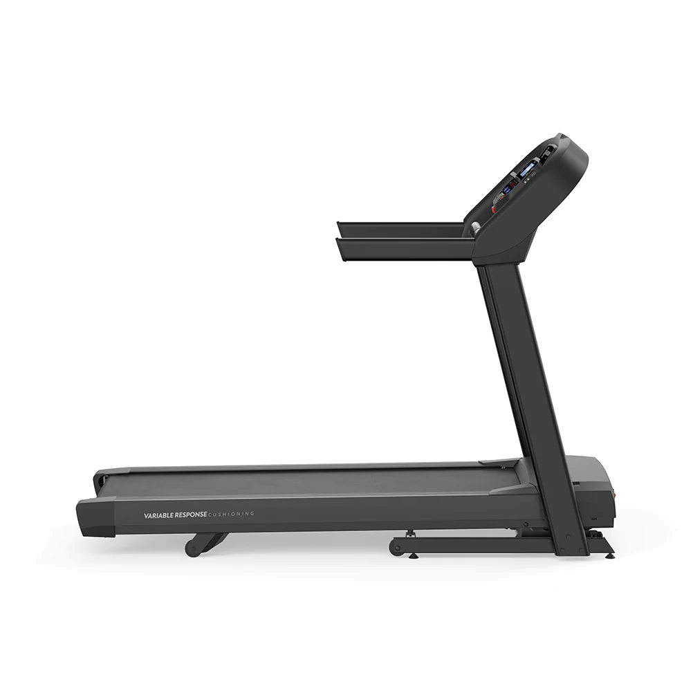 Black treadmill with variable response cushioning side view