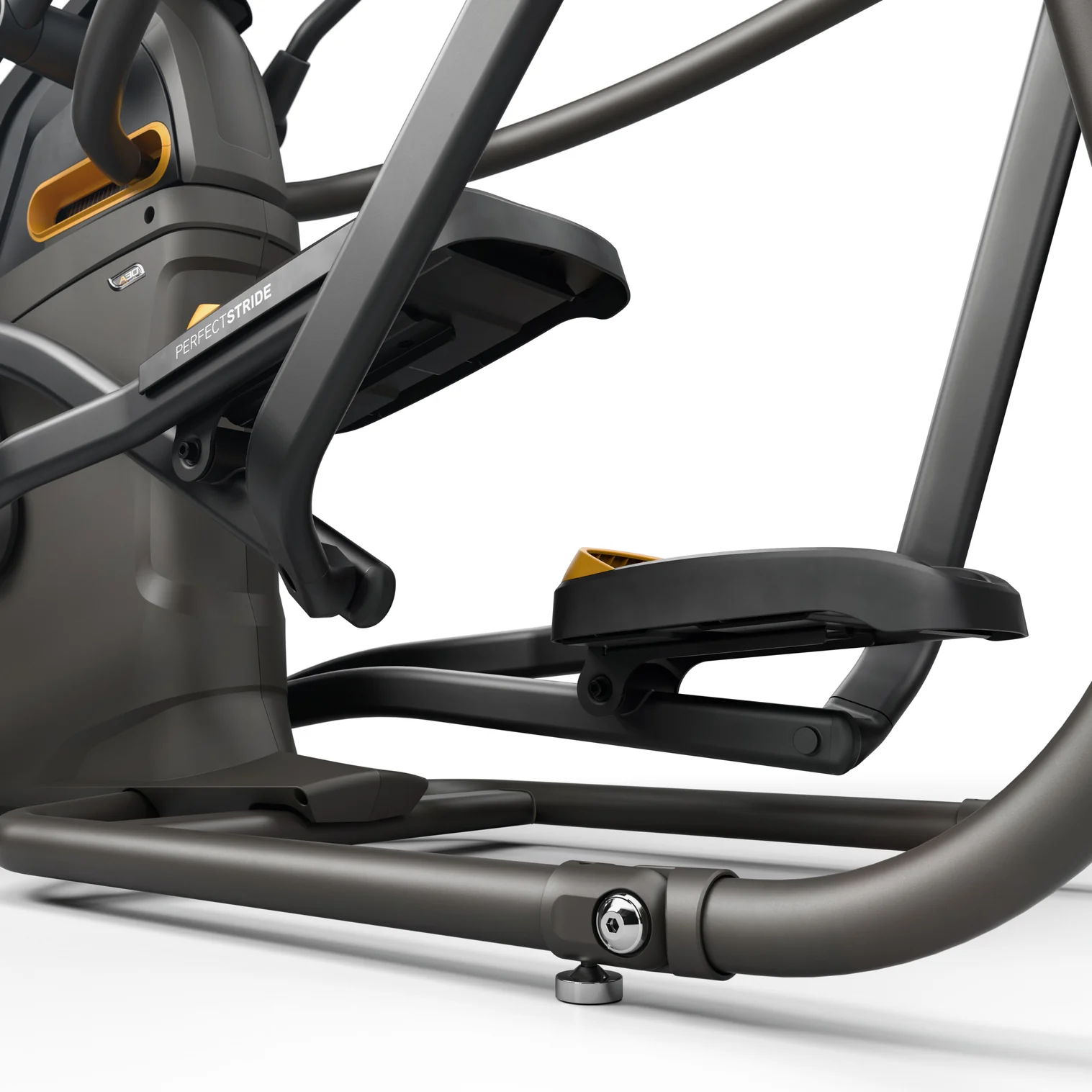 Close-up of elliptical trainer pedals with PerfectStride technology