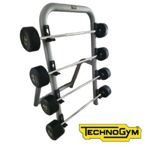 Technogym barbell rack with multiple weighted barbells