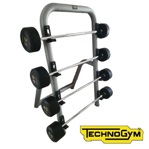 Technogym barbell rack with multiple weighted barbells