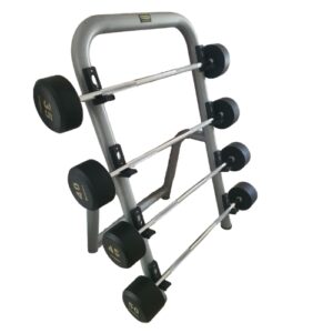 Silver barbell rack holding multiple weighted barbells