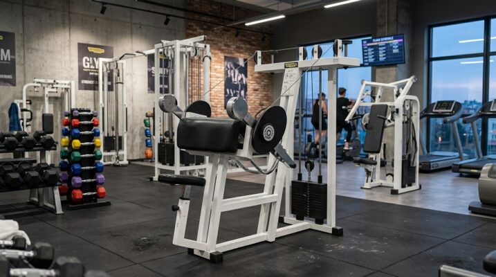 technogym | isotonic arm curl | certified pre owned Modern gym interior with weight machines and colourful dumbbells
