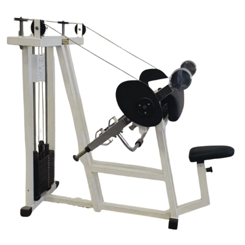 White cable gym machine with weight stack and seat