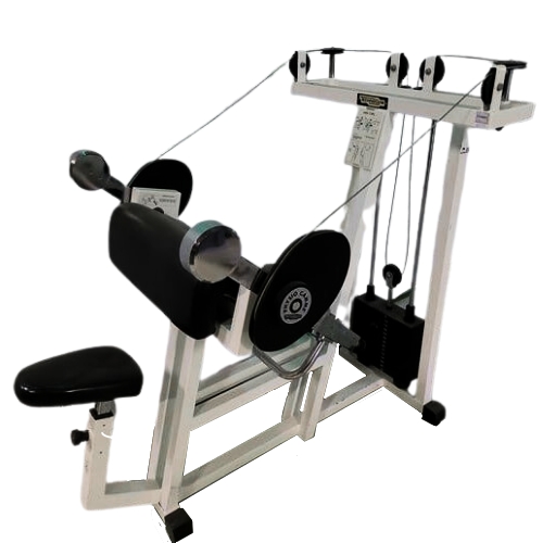 White cable leg press gym machine with weight plates