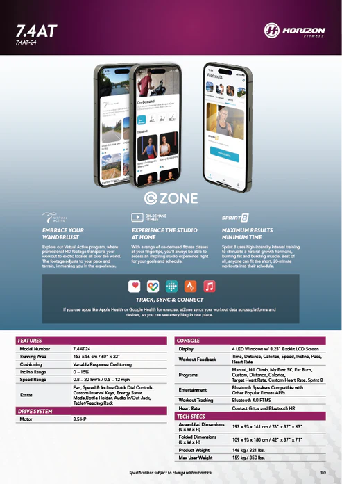 Horizon Fitness 7.4AT treadmill spec sheet with app features