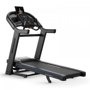 Horizon branded black treadmill with touchscreen display