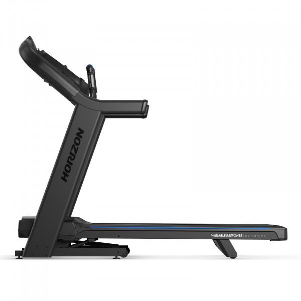 Horizon treadmill side view with blue accent details
