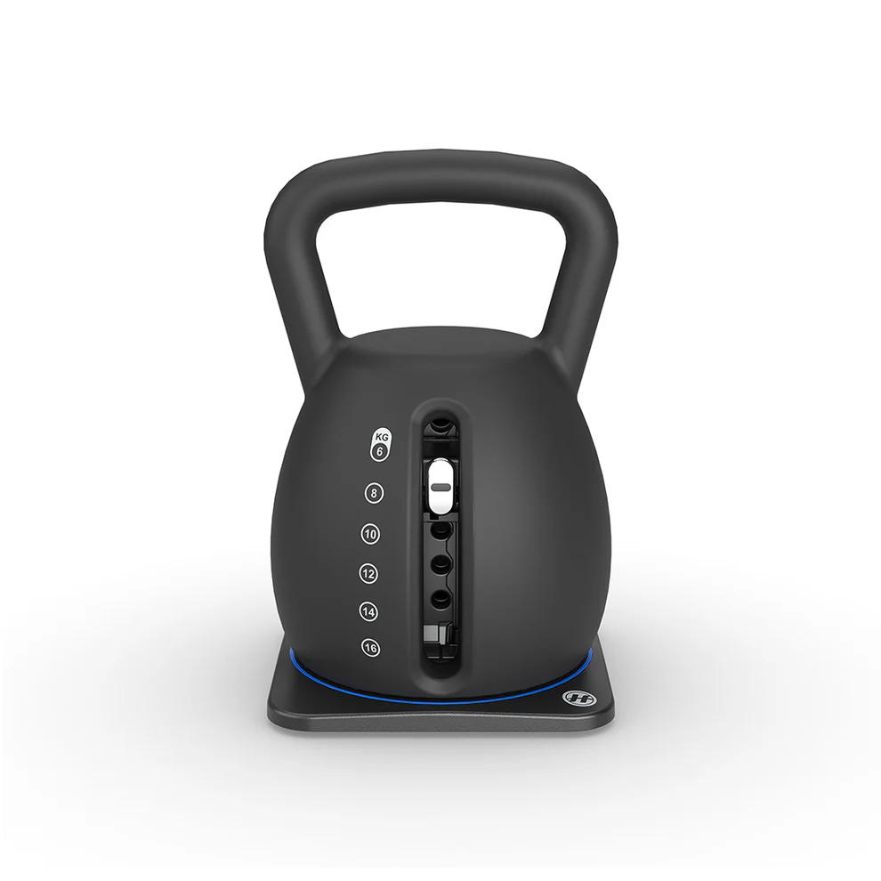 Black adjustable kettlebell with weight selector on base