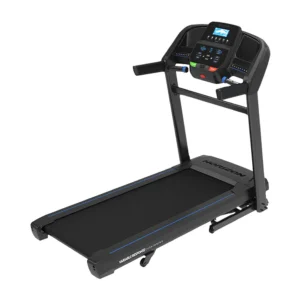 Horizon black treadmill with digital console and blue accents