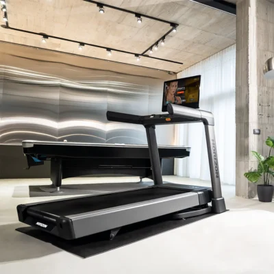 Horizon treadmill with touchscreen display in modern gym