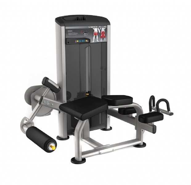 V Bench Leg Curl gym machine with silver and black frame