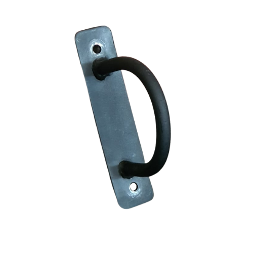 Black metal door handle on rectangular steel mounting plate