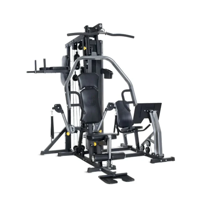 Multi-station home gym machine with leg press attachment