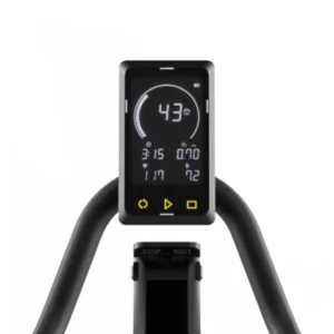 Digital display console on black exercise bike handlebars
